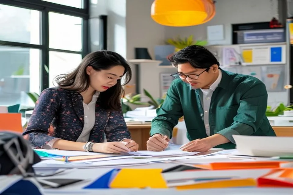 Two agency professionals organize materials for a creative review.