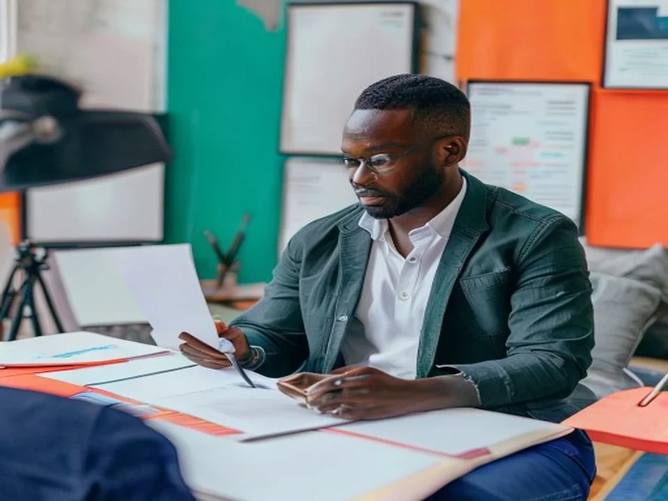 An agency professional reviews creative materials at a table.