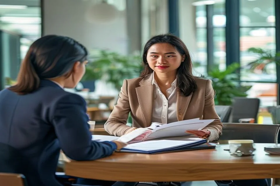 Two professionals coordinate an anonymized client-intake handoff.