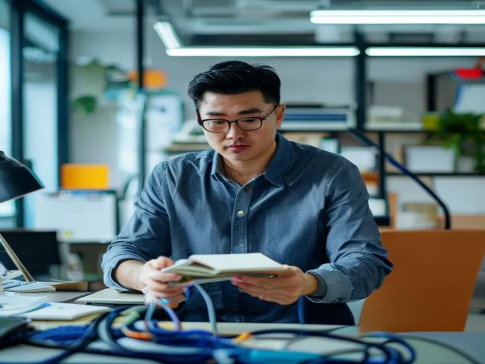 A technology professional investigates an issue beside a laptop.