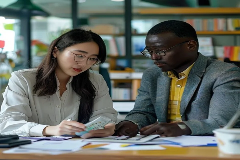 Two finance professionals review neutral records together.