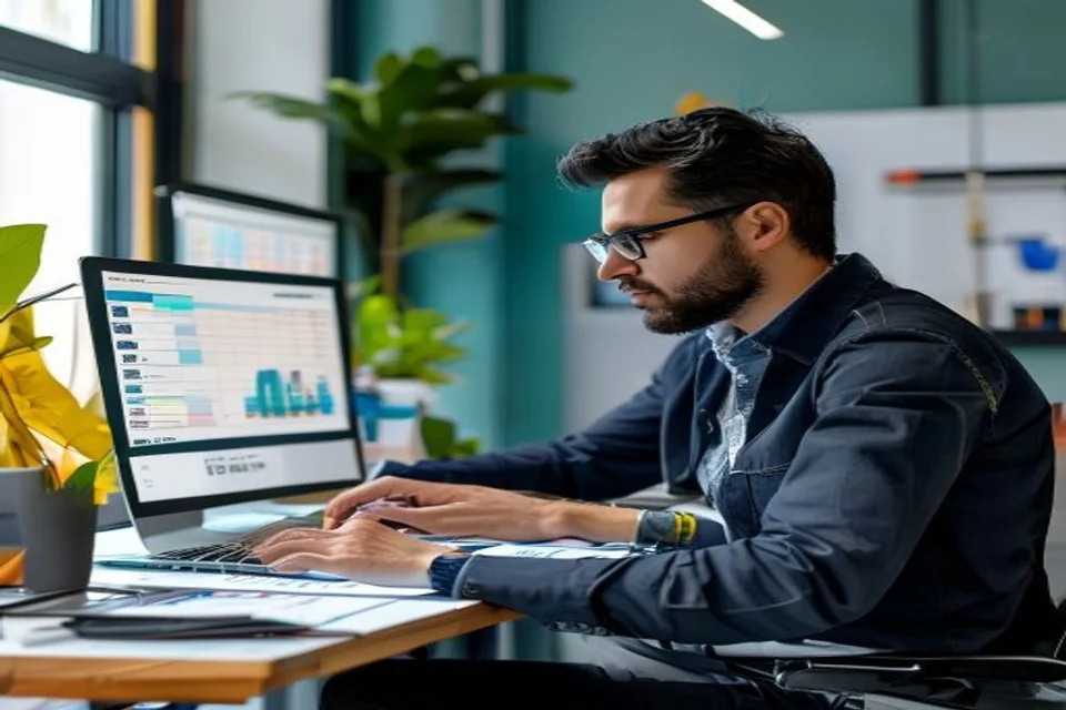 A digital marketing specialist reviews a campaign plan.