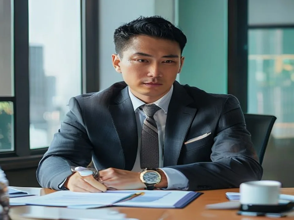 An executive assistant reviews meeting materials at a desk.