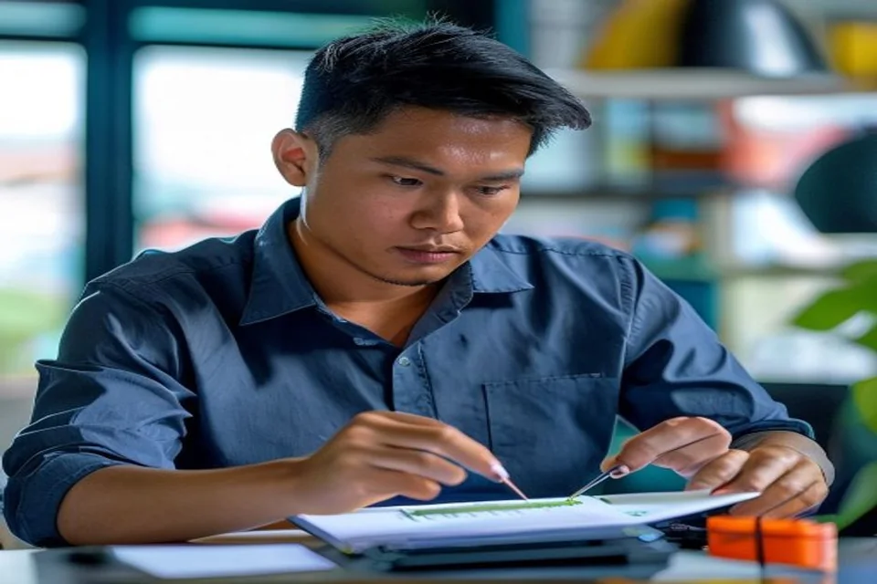 A technical support specialist traces a device connection using a checklist.
